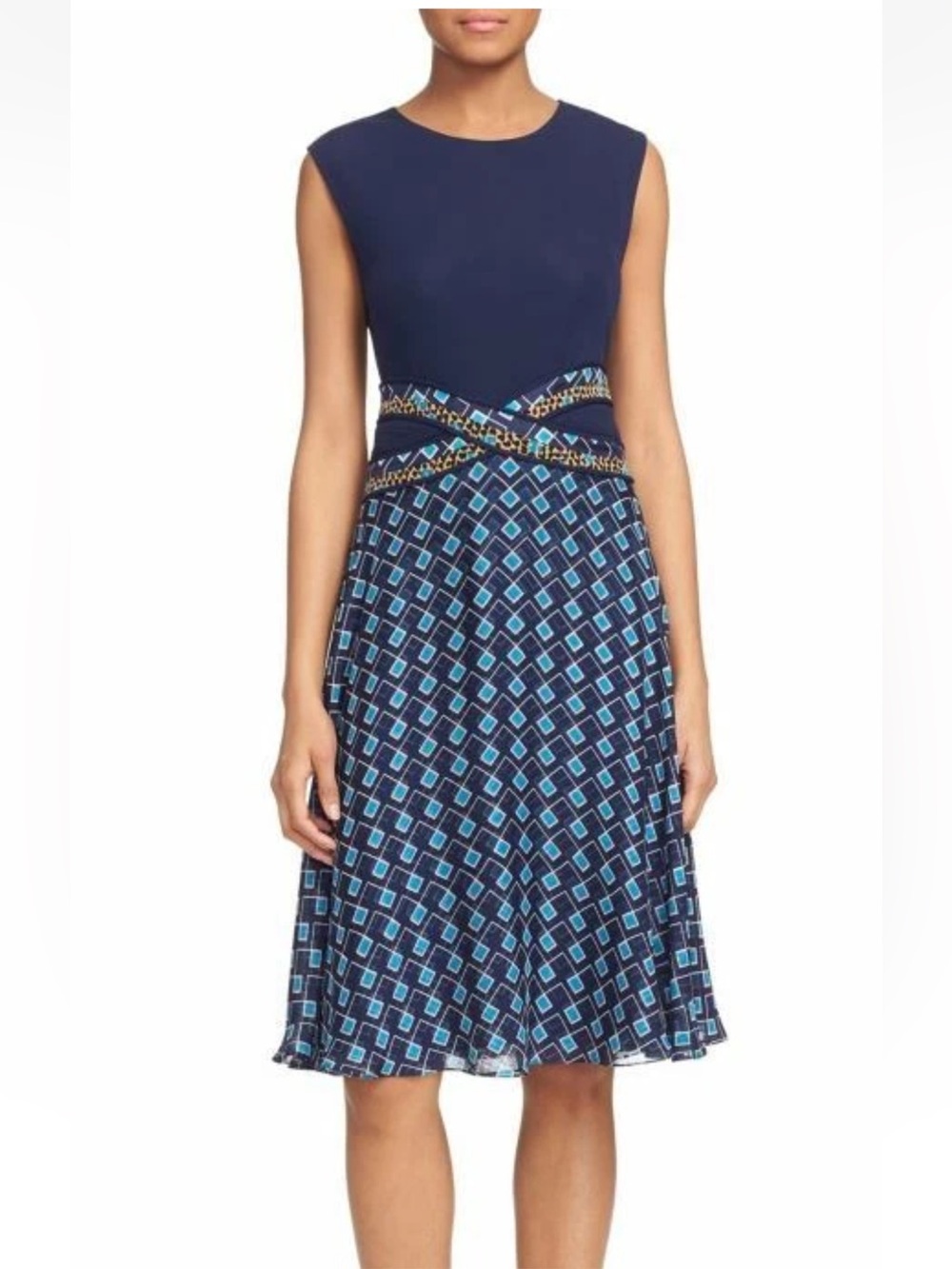 Diane Von Furstenberg NWT Rosalie Silk Mixed Media Midi Dress 4  Navy Geo Print